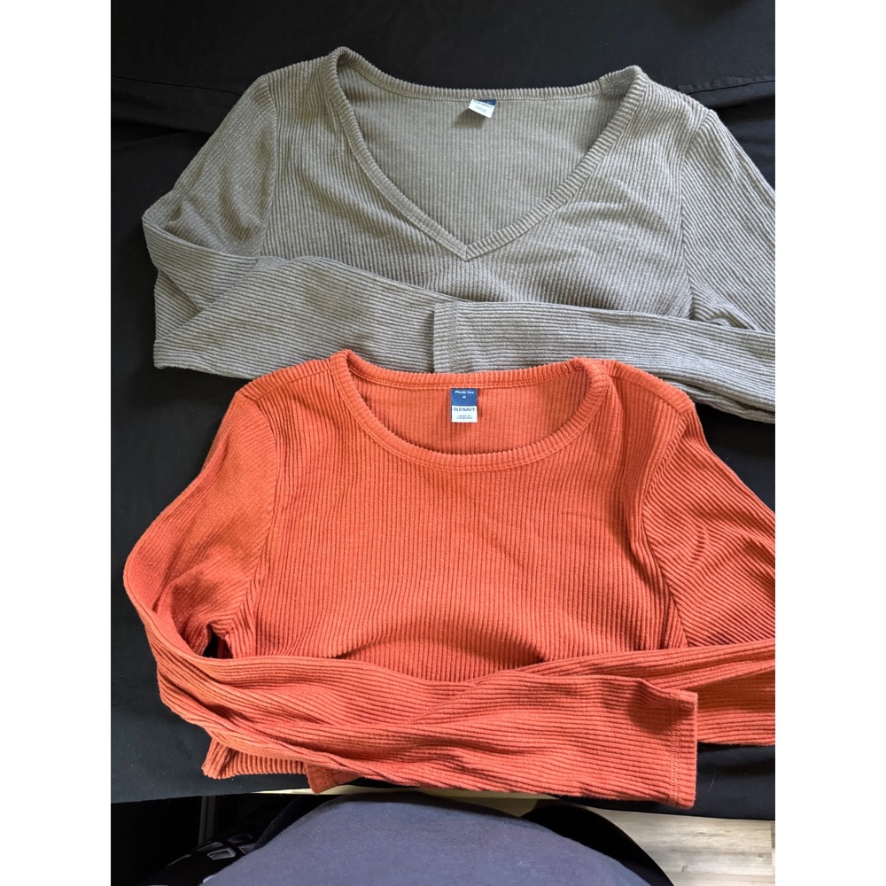 Old Navy Plush Tee Bundle Womens Medium Ribbed Long Sleeve Orange Taupe 2 Pack‎
